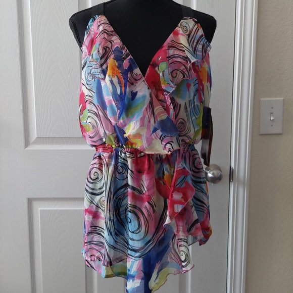 Multicolored Watercolor Mixed Design Ruffle Wrap Style Top~ Size Lrg. NWT - Picture 1 of 3